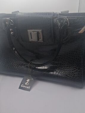 Black Croc-Embossed Patent Tote